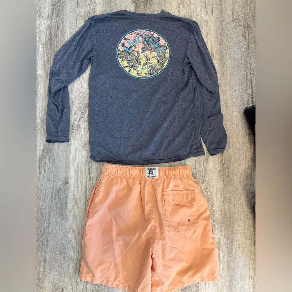 Endless Summer Kids Long-Sleeve Navy Rashguard Top with Peach Swim Shorts Set